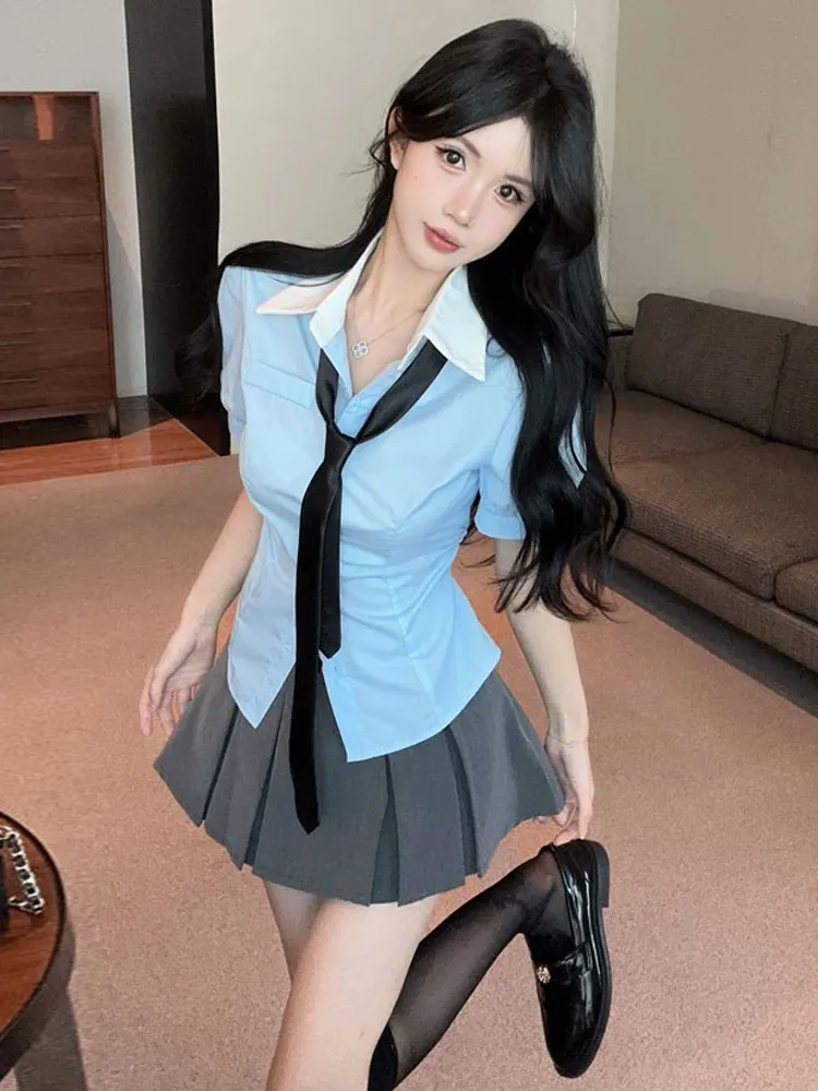 

College style sweet two-piece set women contrasting color slim fit single breasted bubble sleeve shirt pleated short skirt