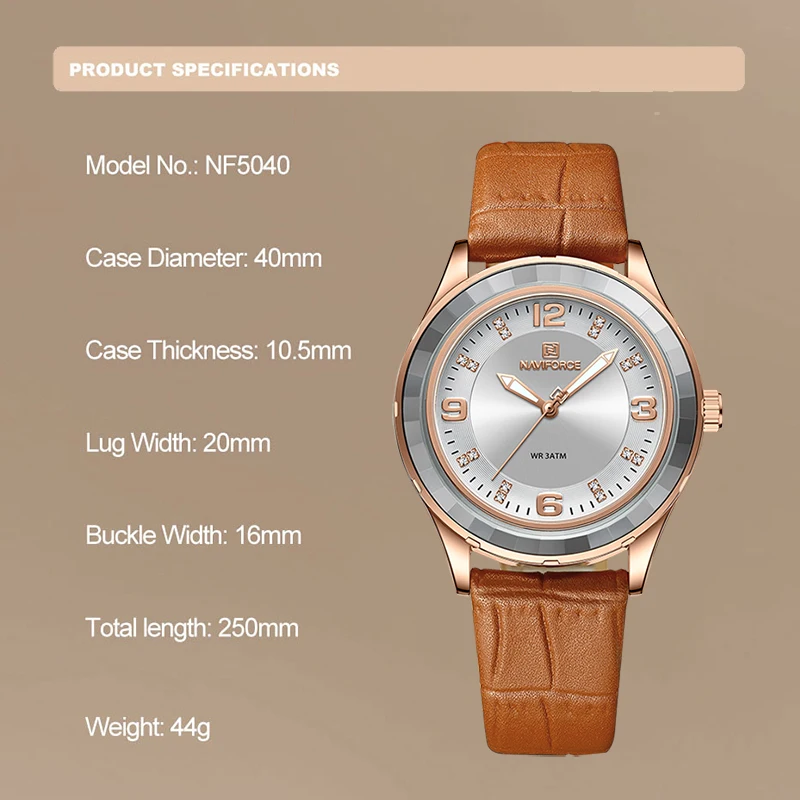 NAVIFORCE Ladies Luxury Waterproof Watch Casual Wild Watches Leather Strap Female Wristwatch Original Quartz Women Clock NF5040