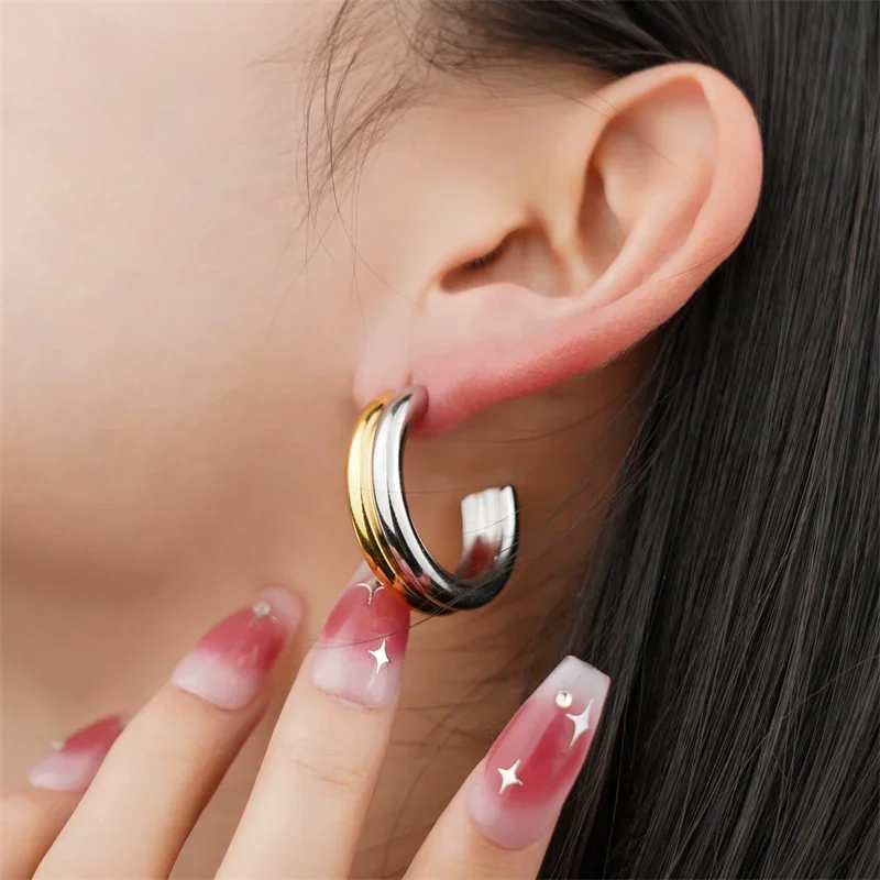 Stainless Steel Bicolor C-shaped Stud Earrings Women Jewelry Minimalist Trendy 18K gold-plated Earrings Mix Color for girls