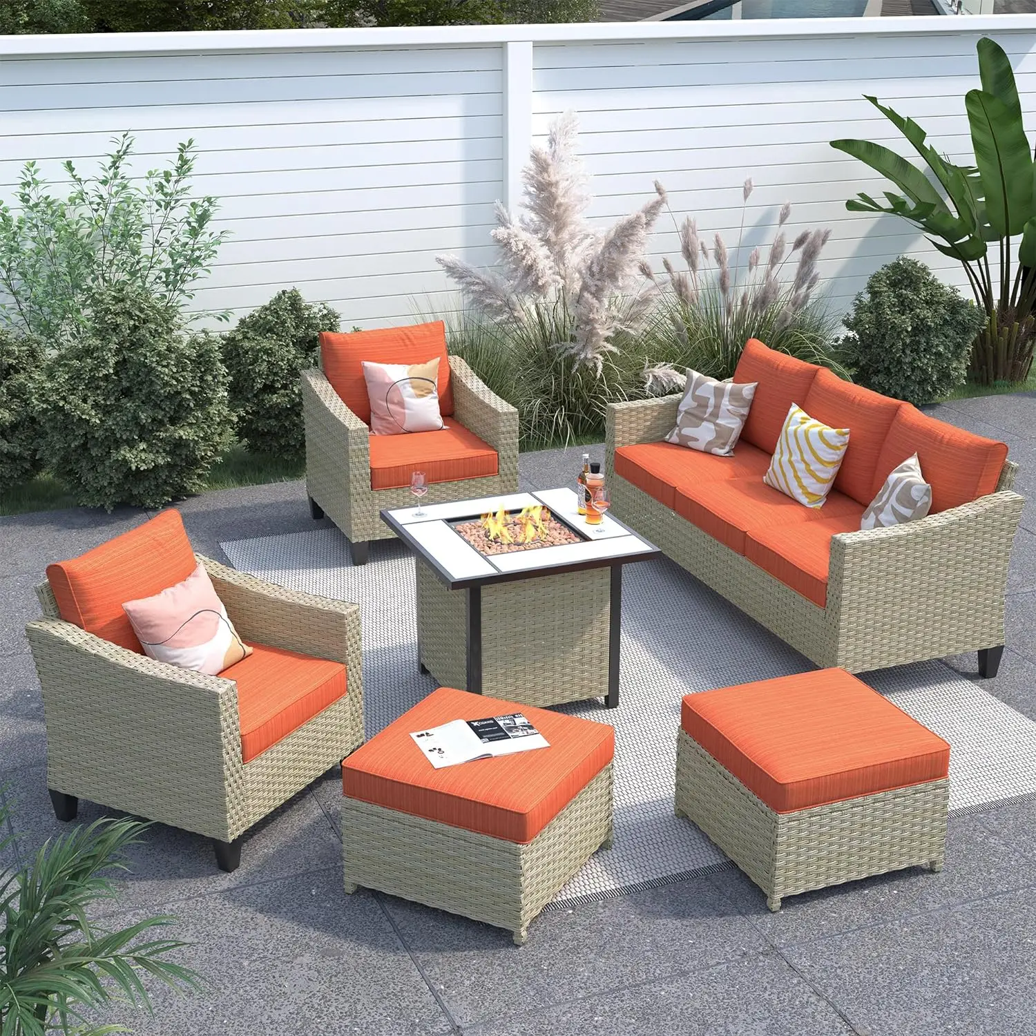 

Outdoor Furniture, Patio Furniture with Fire Pit Table, Wicker Conversation Set with Sectional Sofa for Balcony, Deck, Pool