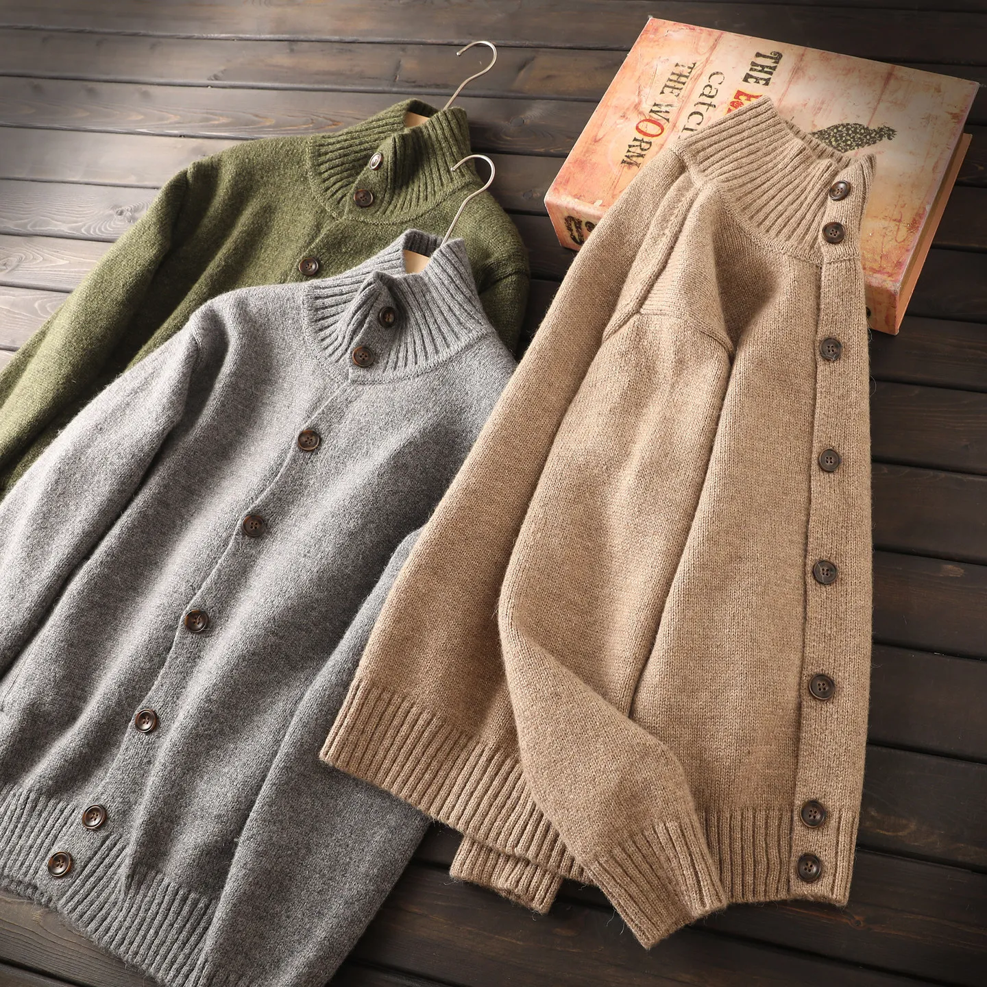 

Alpaca wool + wool blend, stand-up neck thickened knitted cardigan sweater jacket