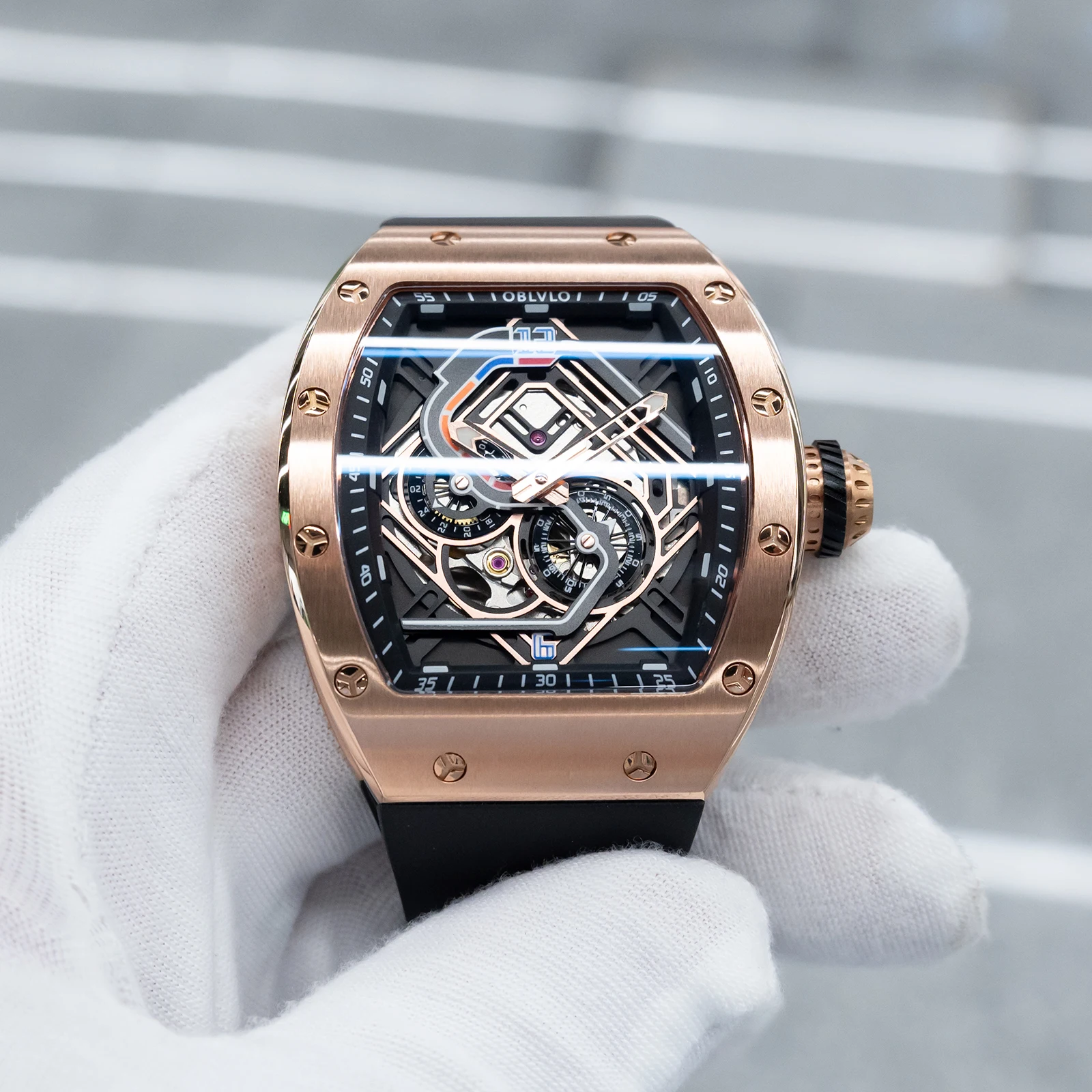 OBLVLO Men's Luxury Rose Gold 43mm Tonneau Automatic Watch with Racing Dial And Waterproof Silicone Strap Sport Watch XM-Racing