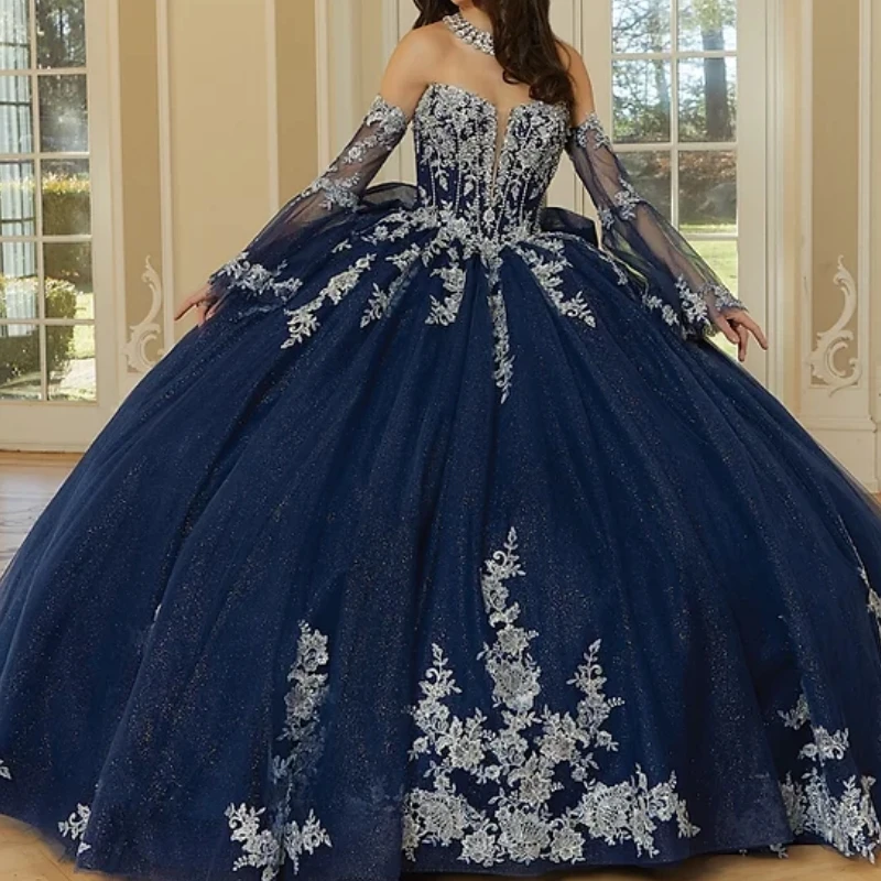 AQ225 Customized Mexican Navy Blue Prom Special Occasion Dresses Lace Applique Women Party Gown Vestido De xv Quinceanera 16 14