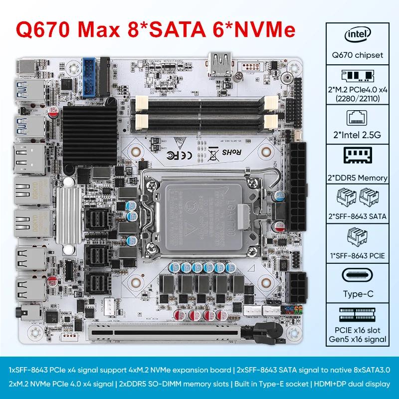 Q670 ITX NAS Motherboard LGA1700, 8x SATA + 6x M.2 NVMe, PCIe 5.0 x16, Dual DDR5, 2x 2.5G LAN, Firewall/Server Mini-ITX Board