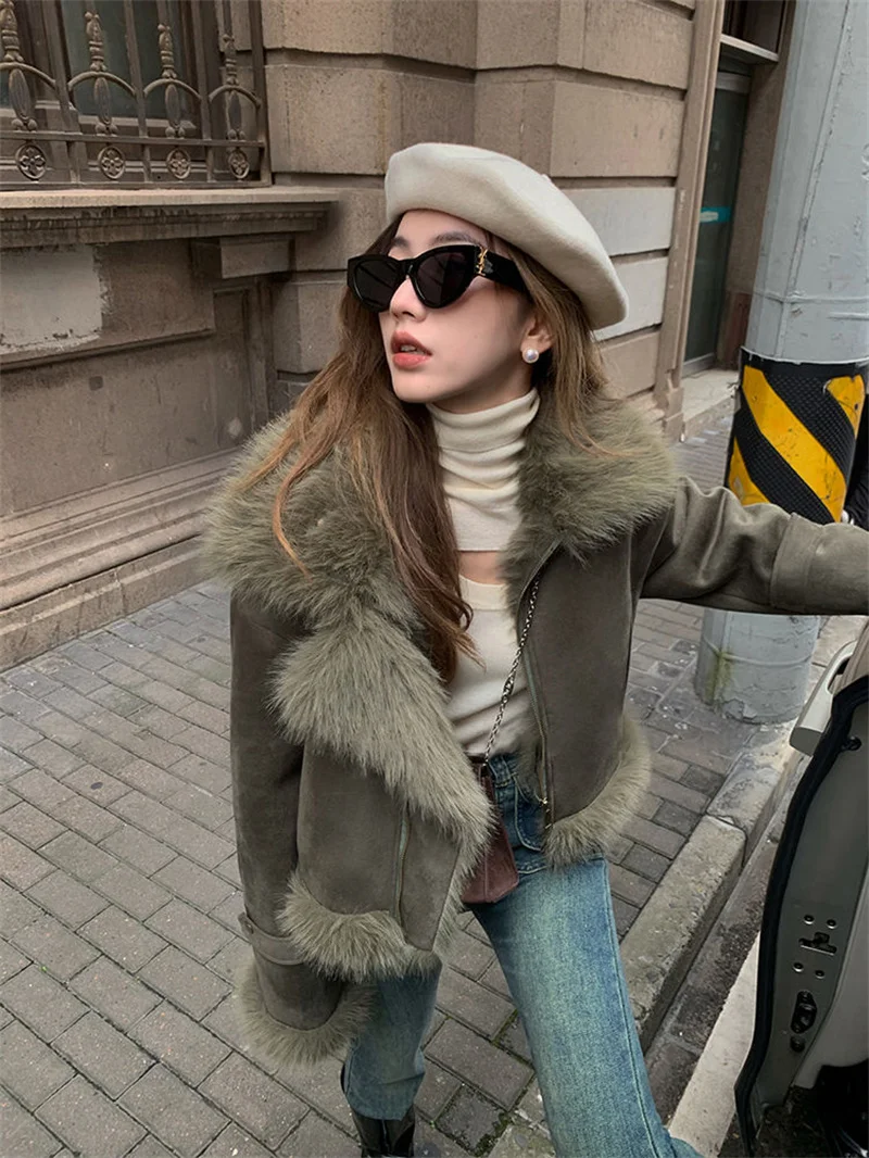 Autunno e inverno cappotto di pelliccia sciolto in pelle scamosciata breve moda bella tuta da moto femminile sottile coreano giacca di pelle Casual