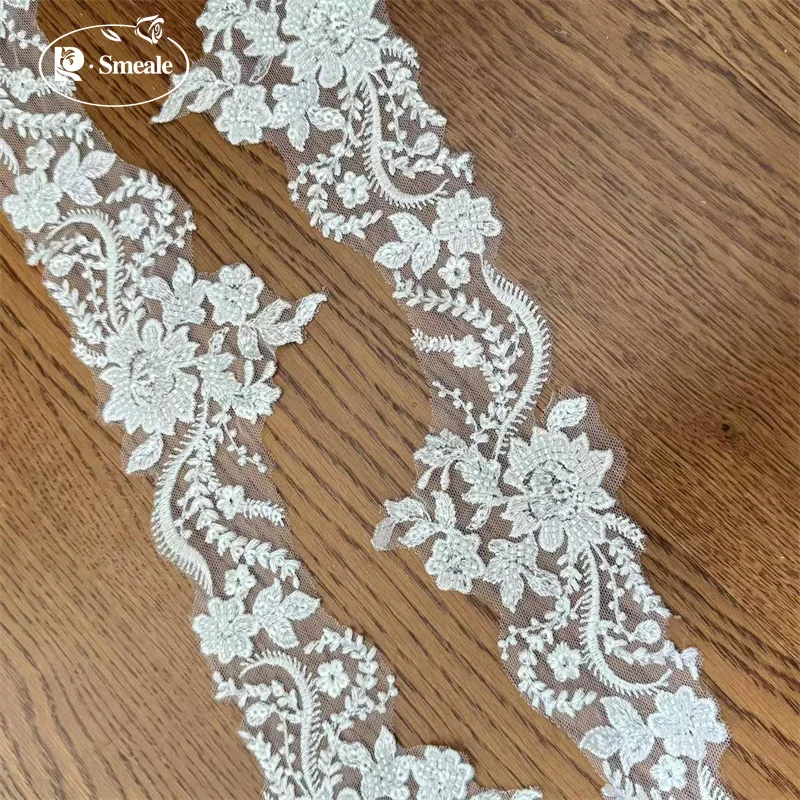 3 Yards hochwertiger weißer Perlenstickerei-Spitzenkopfschleier, Hochzeitskleid, dekorative Accessoires, handgefertigte Spitze zum Selbermachen – Detail 7