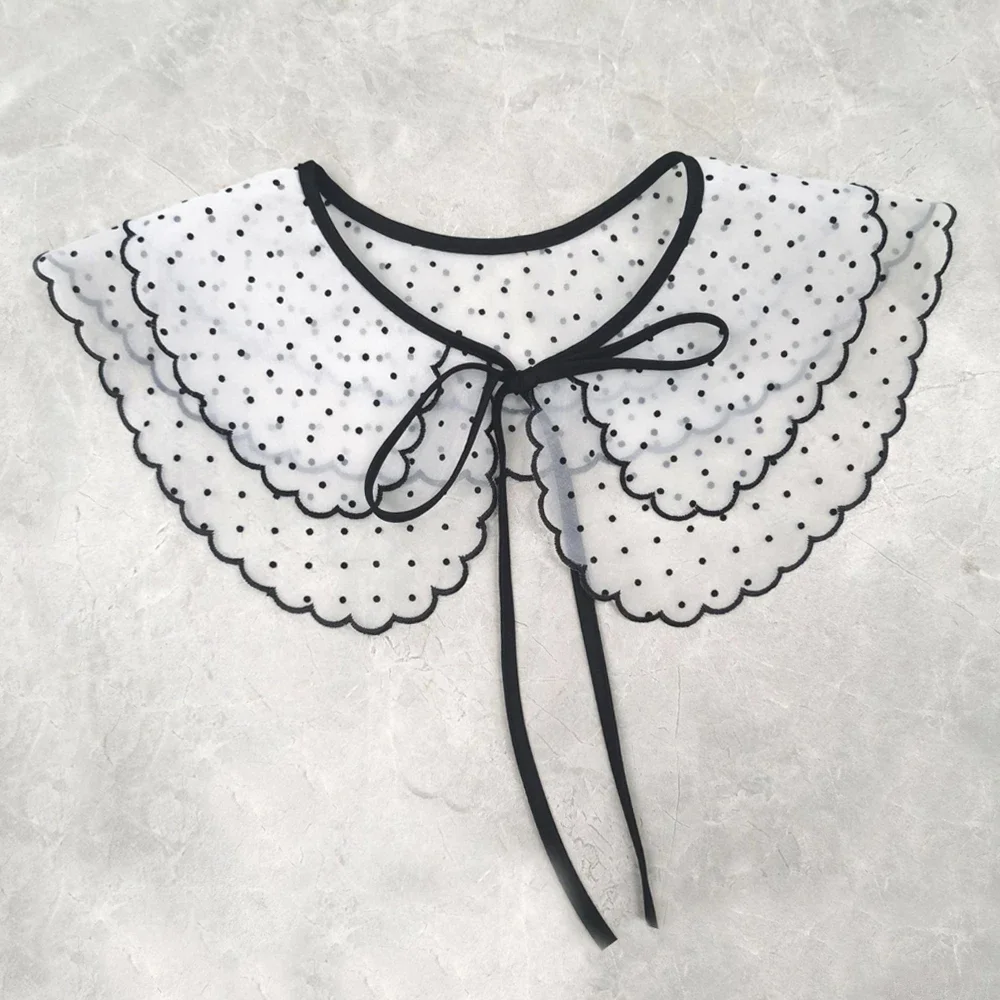 Women's Sweet Chiffon Lace Fake Collar Japanese Style Decorative Dot Elegant Blouse False Collar Office Ladies Shawl Bowtie