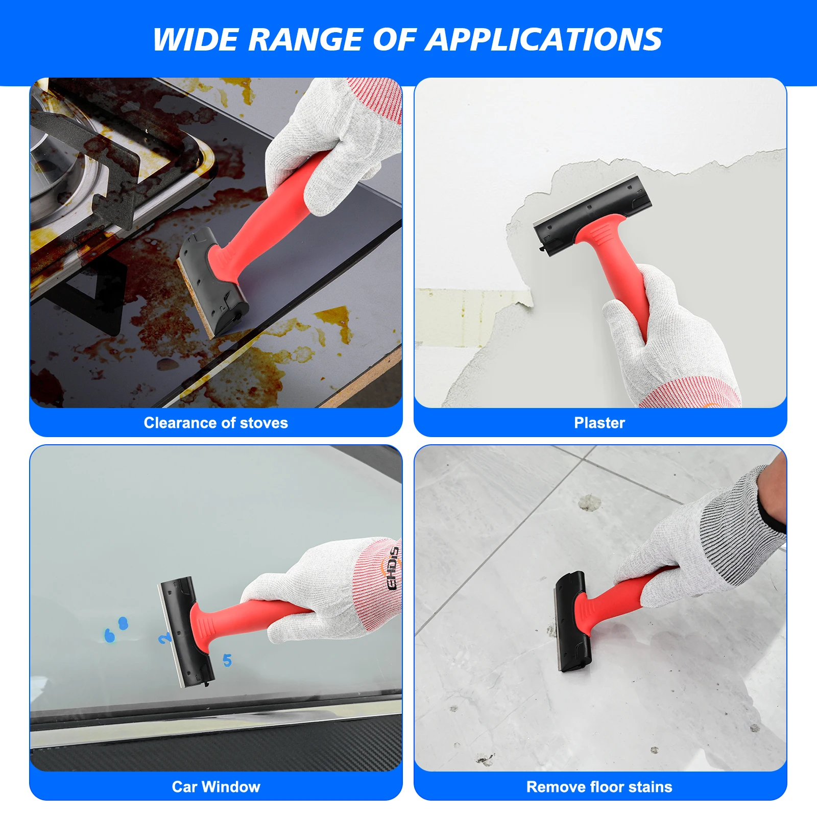 EHDIS 4'' Blade Clean Scraper Work Gloves Tool Set Household Wallpaper Car Sticker Removal Extended Handle Squeegee Shovel Knife