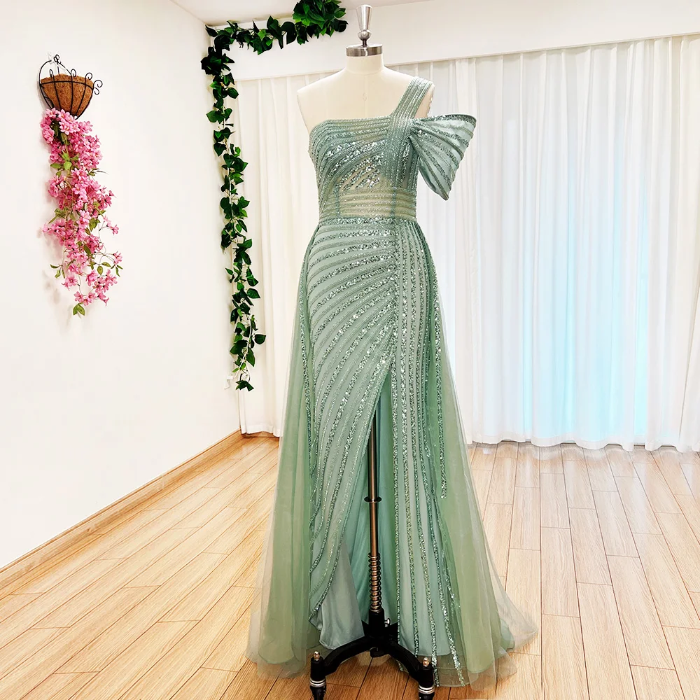 Elegant Dubai One Shoulder Evening Dress for Women 2023 Turquoise High Split Luxury Beaded Long Formal Prom Wedding Party Gowns