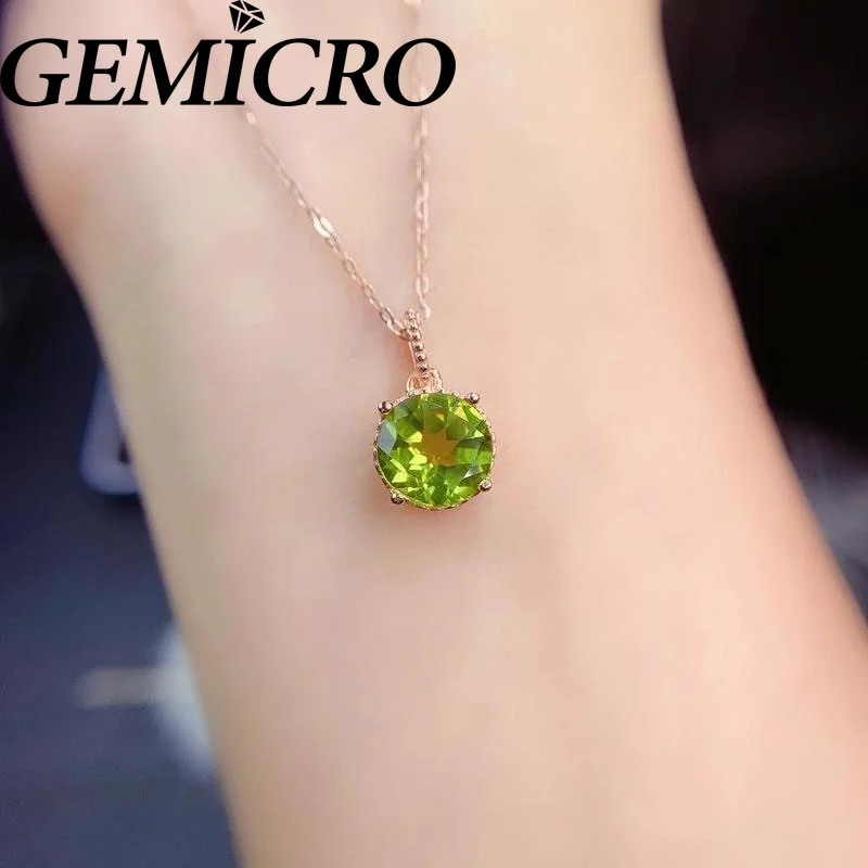 Gemicro 100% 925 Silver 8mm Natural Peridot Gemstone Pendant for Women Fine Jewelry Anniversary Mothers' Day Gifts