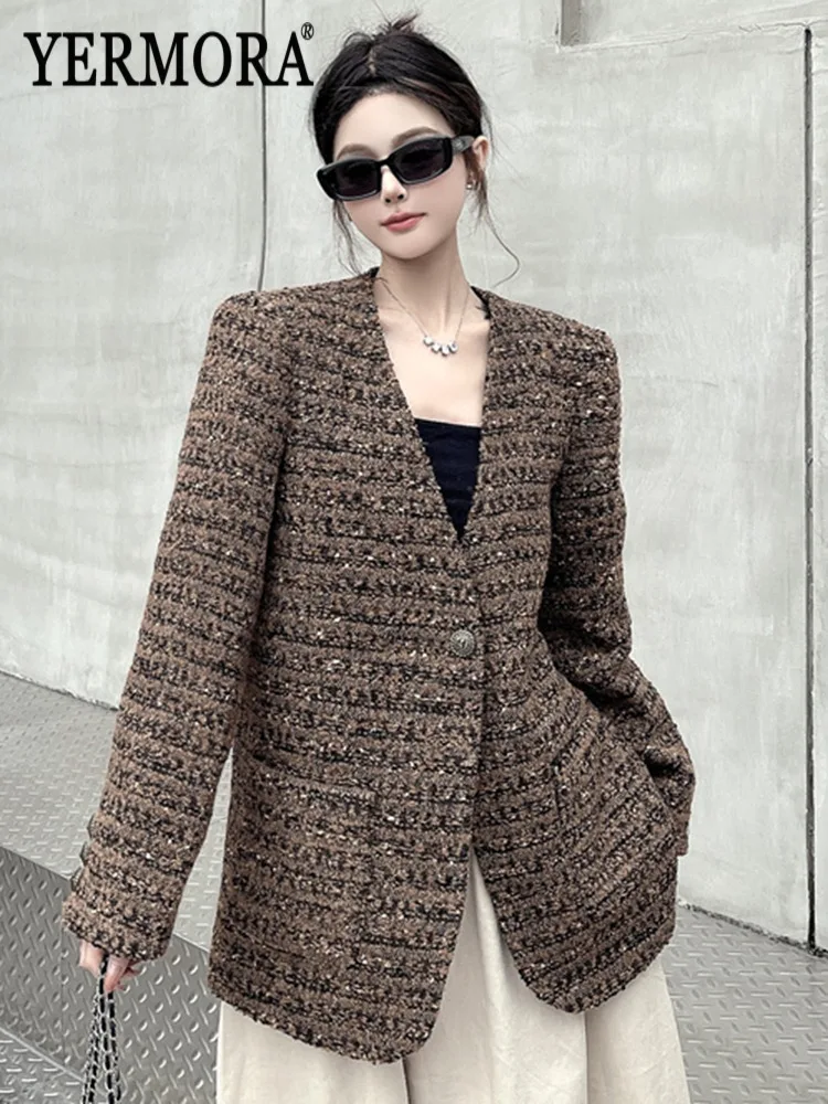 

YERMORA элегантный блейзер с золотым карманом и пряжкой для женщин, свободная новая куртка с v-образным вырезом и длинными рукавами, модная весна-осень 2025