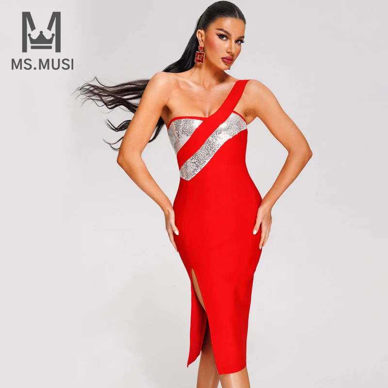 

MSMUSI 2023 New Fashion Women Sexy Red One Shoulder Sequins Sleeveless Backless Bandage Party Club Bodycon Slit Event Midi Dress