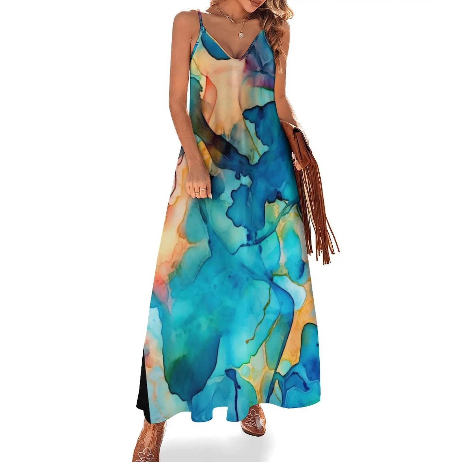 

Heavenly Blues, Aquas, And Seafoam Green Abstract Painting Sleeveless Dress party dresses women Women's dress Dress