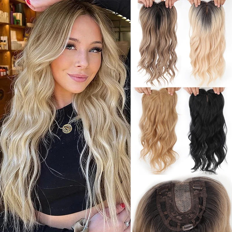 

Synthetic hollow mesh lace eight character bangs water wave wig piece black gold clip on top replacement piece