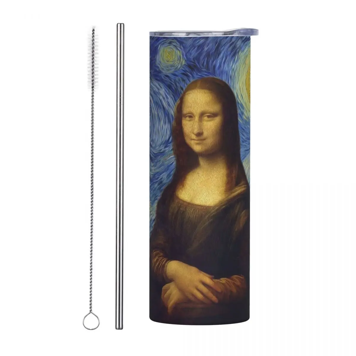 ليلة مرصعة بالنجوم من الموناليزا وفنسنت فان جوخ مكنسة من الفولاذ المقاوم للصدأ أكواب معزولة زجاجة باردة حرارية من القش مع غطاء 20 أونصة #1