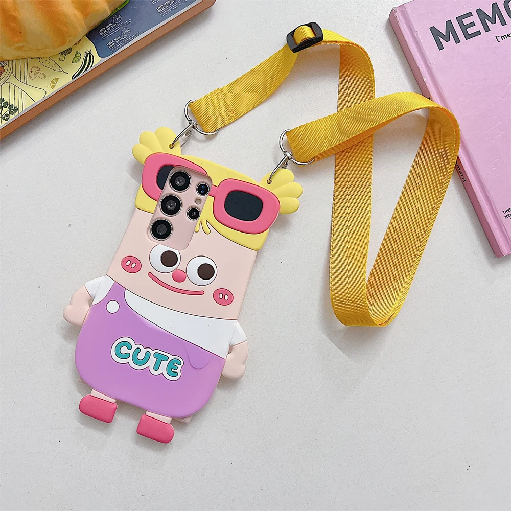 Funny Square Face Girl Sunglasses Phone Case for S26 Ultra Crossbody Strap Protective Cover for Samsung Galaxy S25 S23 A57