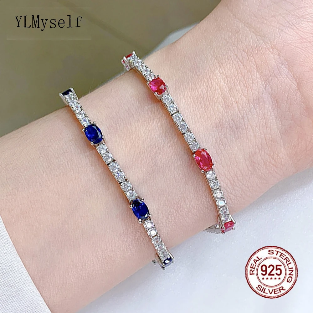 

Solid Silver 16-19cm Bracelet Pave 4*6 mm Oval Ruby/Montana Blue Sapphire +3mm Cubic Zircon Luxury Real 925 Jewelry For Women