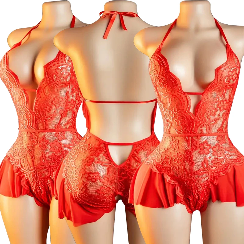 Open Crotch lingerie Women Lace Transparent Pajamas Set Sexy Sleepwear Deep V Open Bra Crotchless Pajama Set Erotic Nightdress