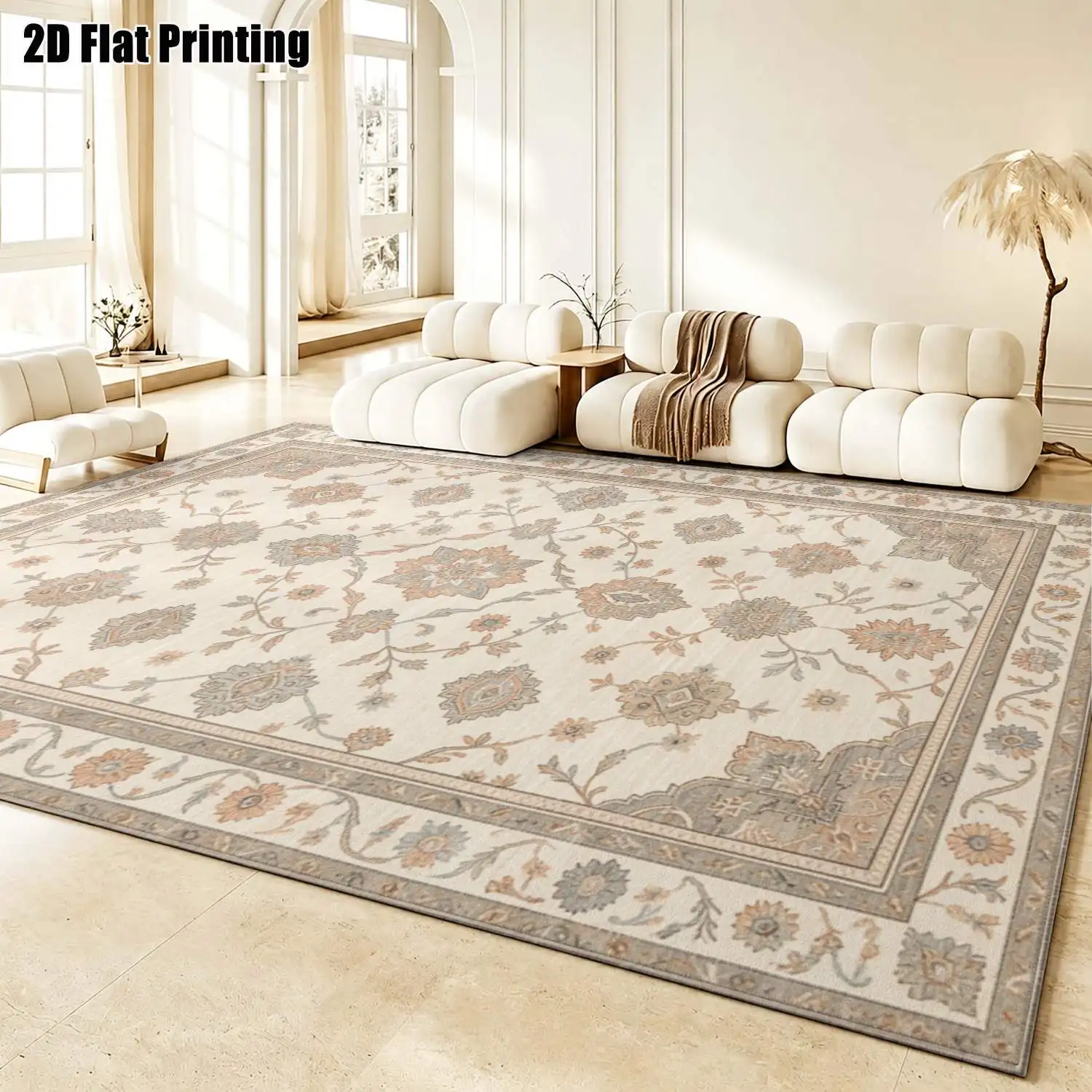 1Pc 2D Printed Carpet: Beige Retro Floral, European/Bohemian Style, Home Decor Floor Mat, Multi-Size, Machine Washable, for Living Room, Bedroom, Dining Room, Entrance, Study