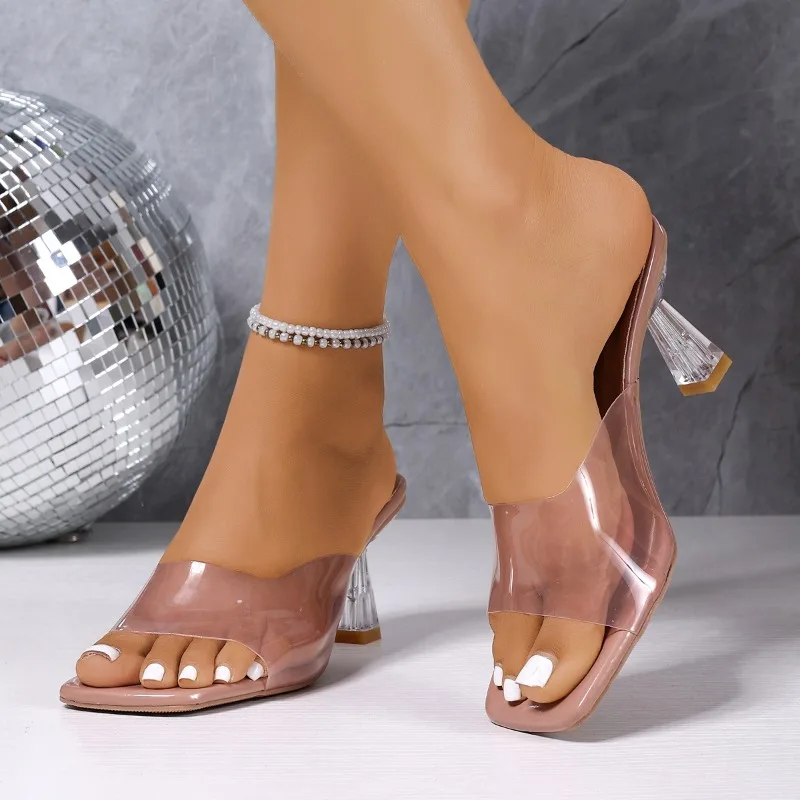 

Sheer Strap Stiletto Slippers Fashion Square Toe Open Toe Anti-slip Wear-resistant High Heels