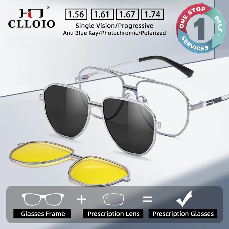 

CLLOIO Aluminum Magnesium Sunglasses 3-in-1 Polarized Magnetic Suction Cover Sunglasses Men Prescription Customized Glasses 7037