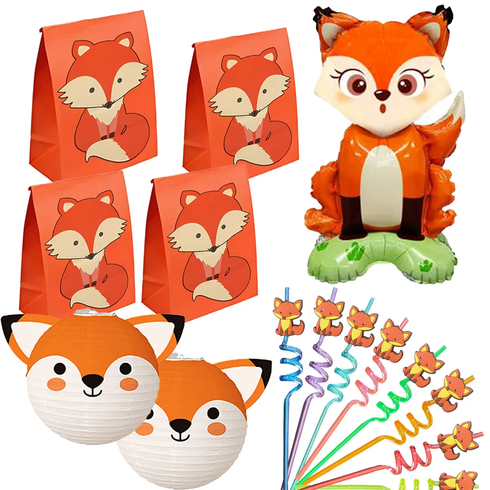 

Fox Theme Birthday Party Supplies Decorations Birthday Balloons and Stickers Tableware with Cartoon Candy Bagso orange