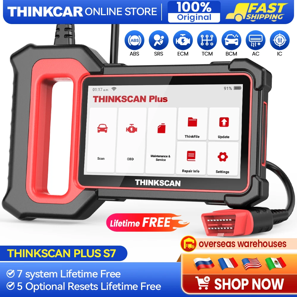 THINKSCAN Plus S7 OBD2 Scanner All Car Diagnostics Tools With 7 System Engine SRS Code Reader 5 Optional DIY Reset Lifetime Free