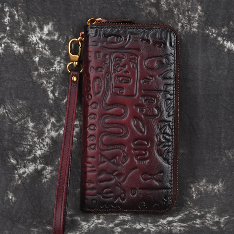 Genuine Leather Wrist Long Purse Multi-Capacity ID/Credit Cards Holder Vintage High Quality Embossed Women Clutch Handy Wallet