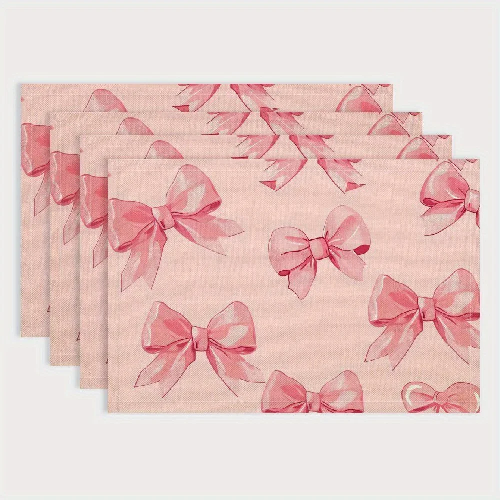 4PC Red Bowknot Cherry Placemats,Pink Bow Tie Knot Princess Table Place Mats,Kids Girls,Bow-Tie Girlish Dreamy Placemat