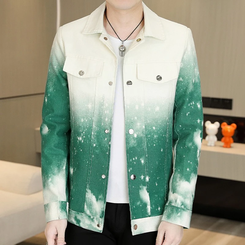 

2025 Autumn Men's Denim Jacket Washed Gradient Print Casual Jackets Fashion Versatile Slim Fit Business Social Street Wear Coats