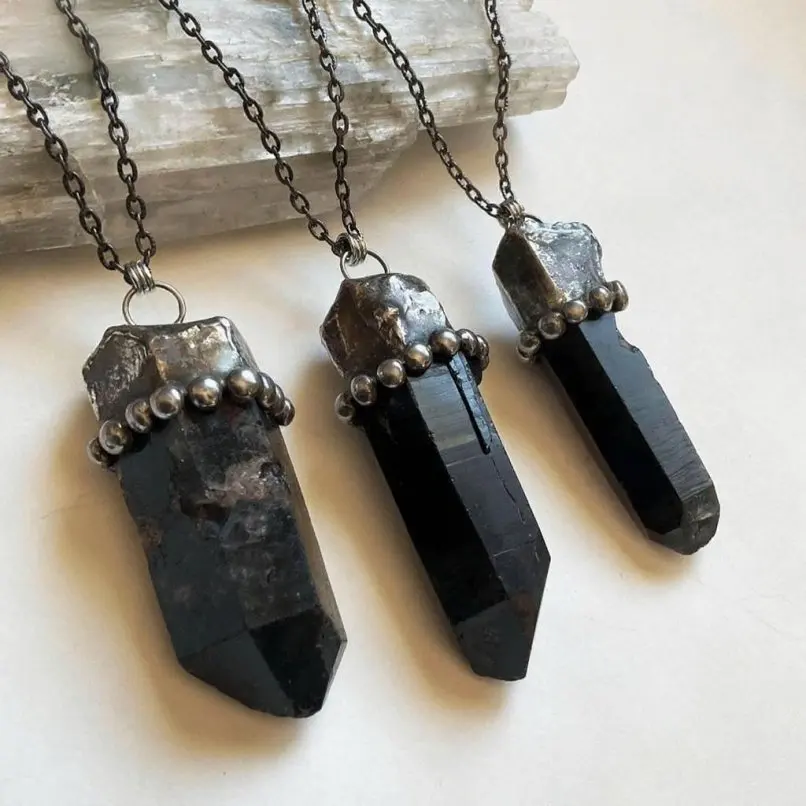 Free Form Soldered Necklace Antique Silver Plated Vintage Handmade Morion Smoky Crystal  30+3inch Jewelry