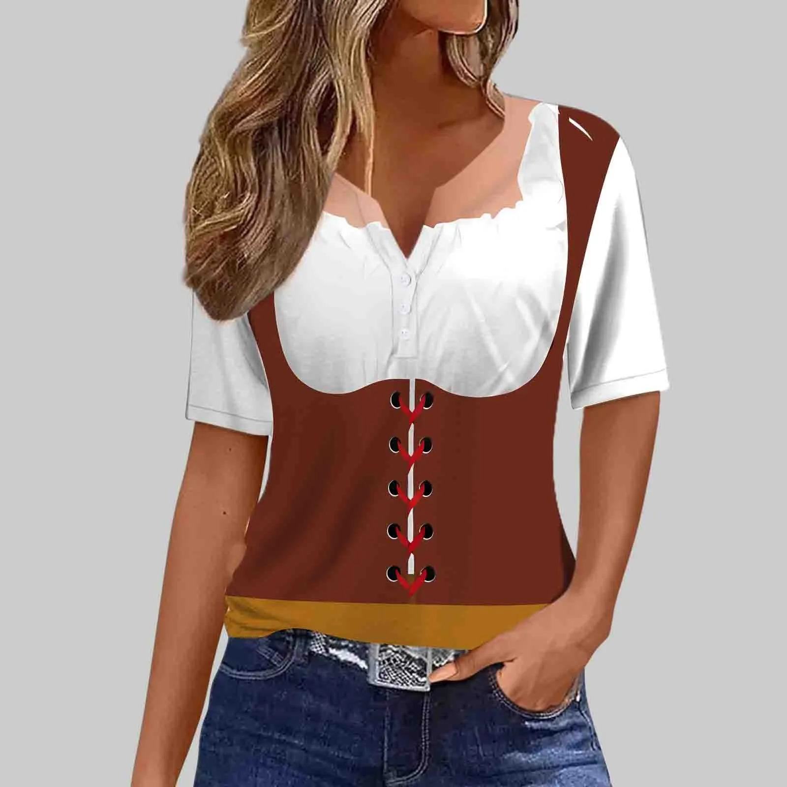 Oktoberfest Apron Patcheork Women T-Shirts Bavarian Beer Festival Short Sleeve Square Collar Casual Clothing Anime Graphic Tops