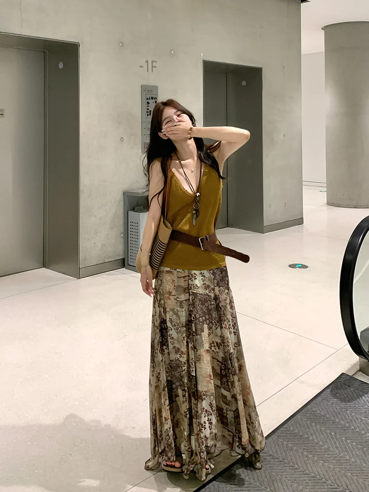 

Adan Retro Floral Print f Skirt High Waist Slimming Long A-Line Umbrella Skirt Women's Summer Faion Korean Sle