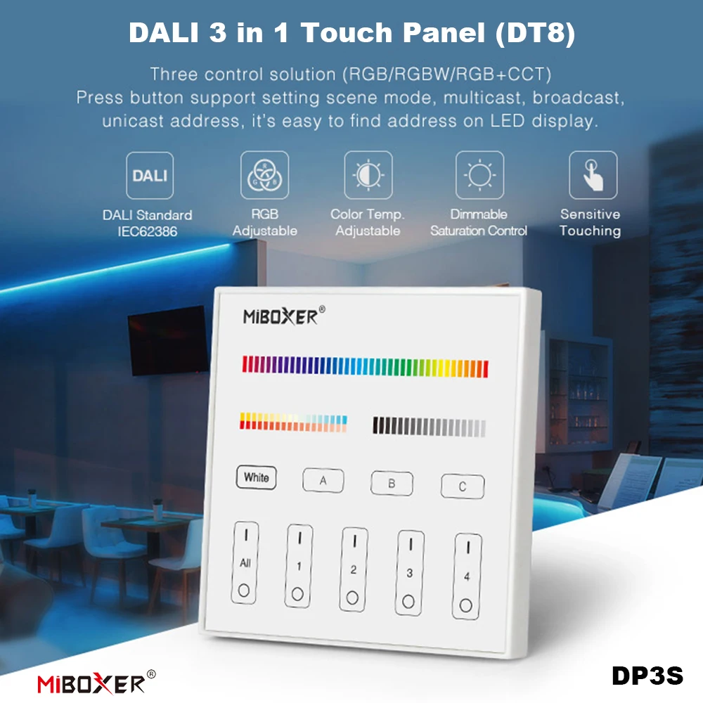 Miboxer DP3S 3In1 86 DALI DT8 Signal DALI Bus Standard IEC62386-102,207,209 Touch RGB/RGBW/RGBCCT Dimming Brightness Host Panel