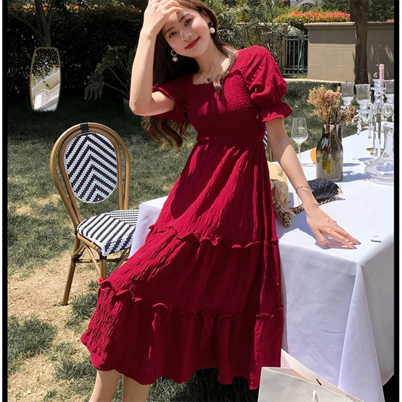 

French Square Collar Red dress Women's Clothing 2024 Summer Slim Sanya Seaside Holiday Beach dresses Fairy Cake Party Vestidos