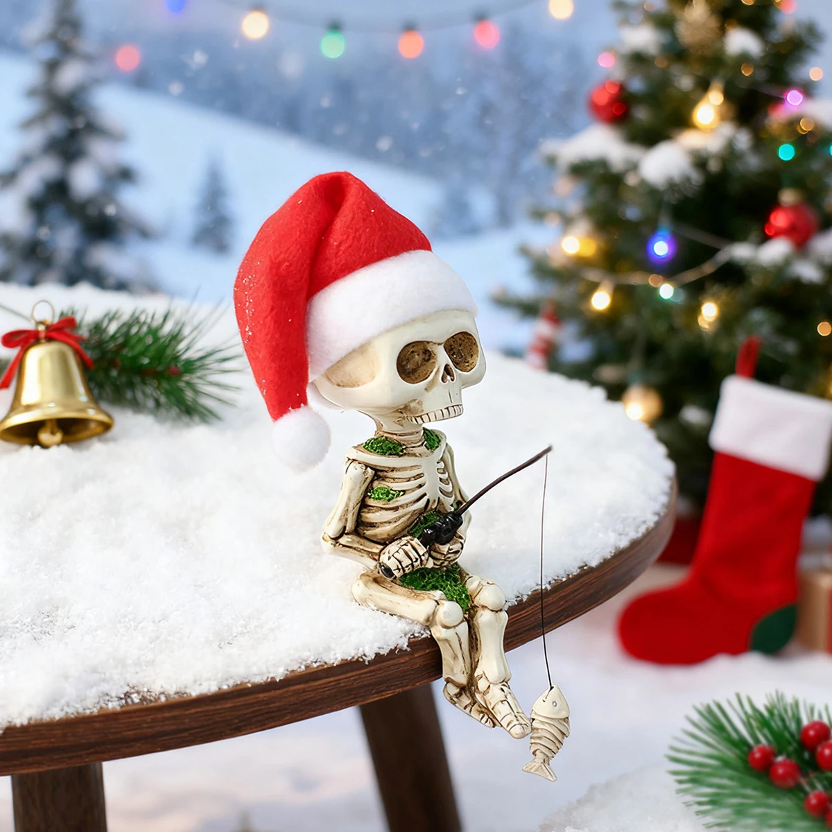 1 Fishing Skeleton Wearing a Christmas Hat, Creative Christmas/Halloween Gift, Hand-Painted Resin Crafts