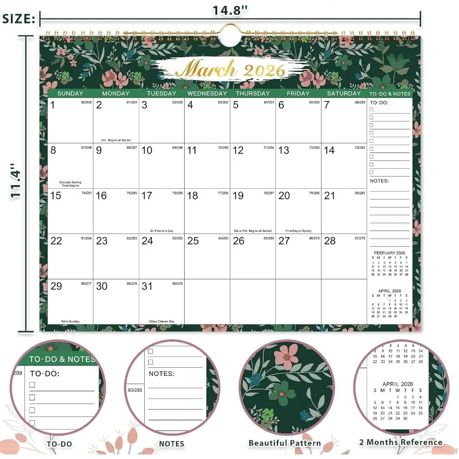 2026 벽걸이 달력 2026년 달력 12개월 1월-12월 월별 플래너 14.8'' x 11.4'' 트윈와이어 바인딩 줄리안 날짜 대형 월간 플래너