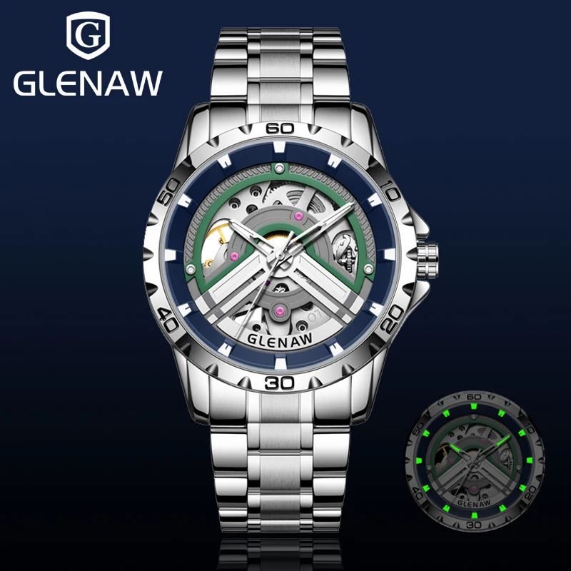 

GLENAW Design новые механические часы с колесной рамой, мужские роскошные светящиеся водонепроницаемые автоматические часы с ремешком из нержавеющей стали, высокое качество