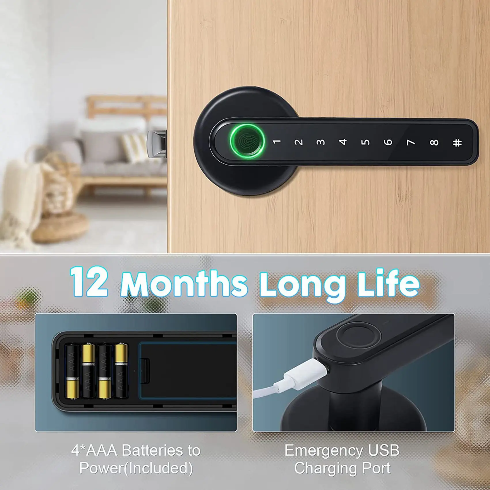T36C 2X Fingerprint Smart Door Lock Door Knob With Keypad Keyless Entry Door Lock With Handle For Home Hotel Office Apartment