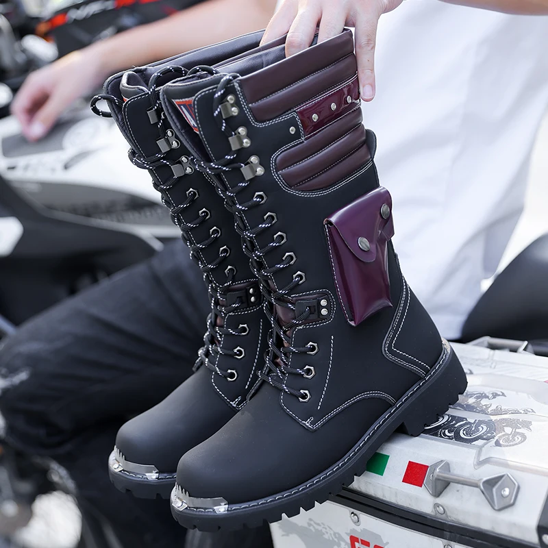 Fashion Outdoor Collision Resistant Anti Slip Soft Sole Casual Leather Boots High Top Motorcycle Boots Men's Autumn and Winter