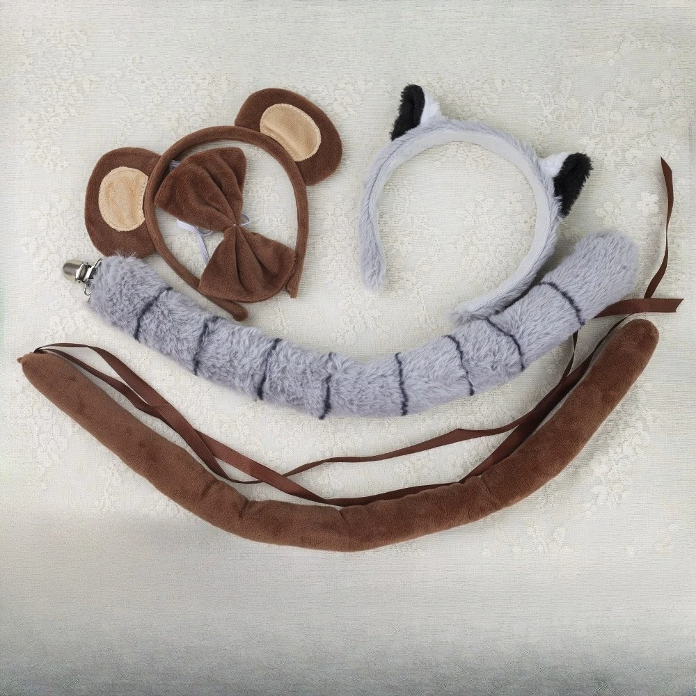 Enfants adulte singe singe lémurien Animal Costume ensemble oreilles bandeau queue Kit habiller Halloween