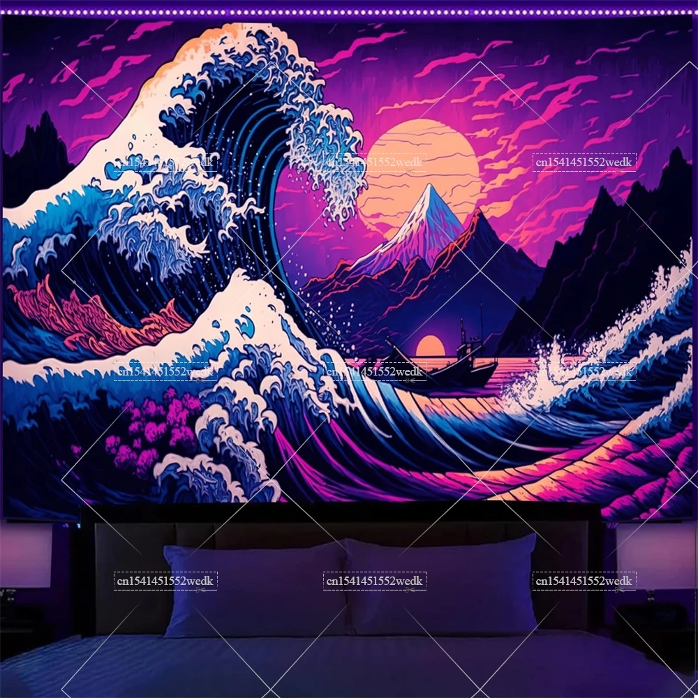 Great Wave Off Kanagawa Blacklight Tapestry UV Reactive Neon Wall Hanging Landscape Fluorecent Tapestries Aesthetic Decor Room