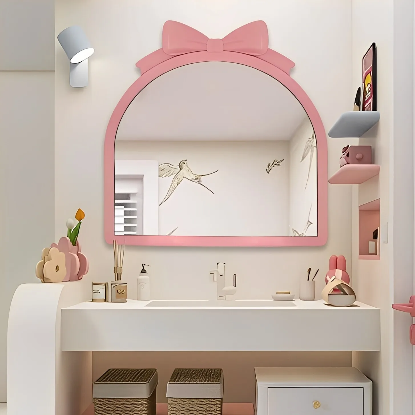 Cream wind pink wall-mounted decorative mirror bow smart lamp vanity mirror