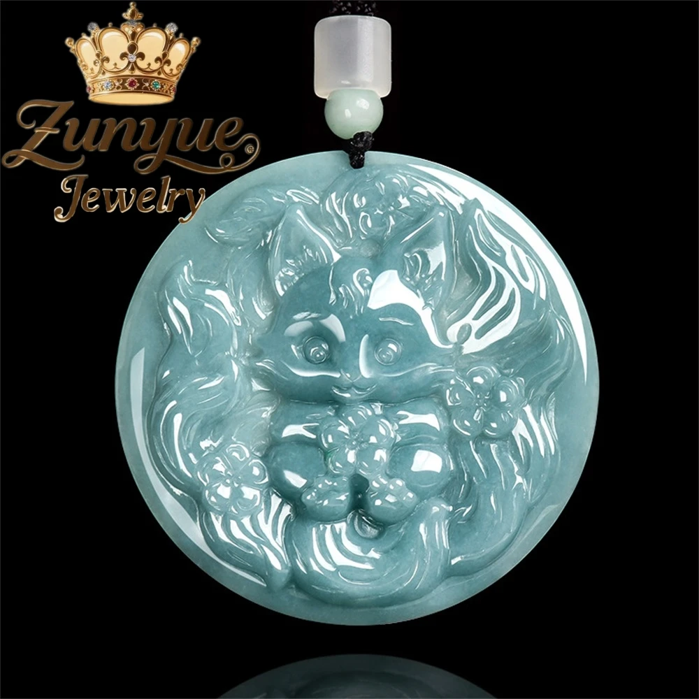 

Natural A - Grade Jadeite Blue Water Spirit Fox Nine - Tailed Fox Baby Pendant Exquisite Soft Pendant Cute And Unique Women's S