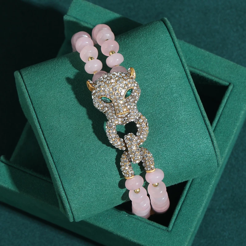 

Vintage Rose Quartz Pink Bracelet Luxury Beaded Chain Leopard Head For Woman Rhinestone Jewelry Designers Valentine Day Gift New