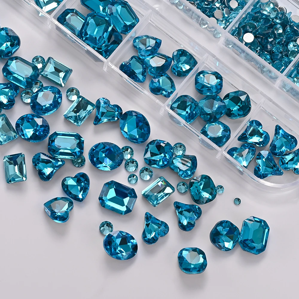 12칸 하트 타원형 사각형 라인스톤 3D 네일 참 K9 크리스탈 유리 믹스 컬러풀 네일 다이아몬드 쥬얼리 네일 공예 장식용