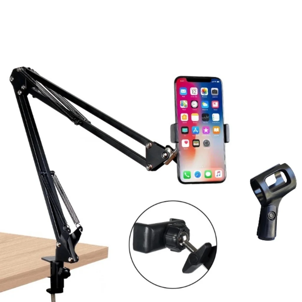 Suporte Microfone/Celular Com Braço Articulado E Ajustado Para Mesa