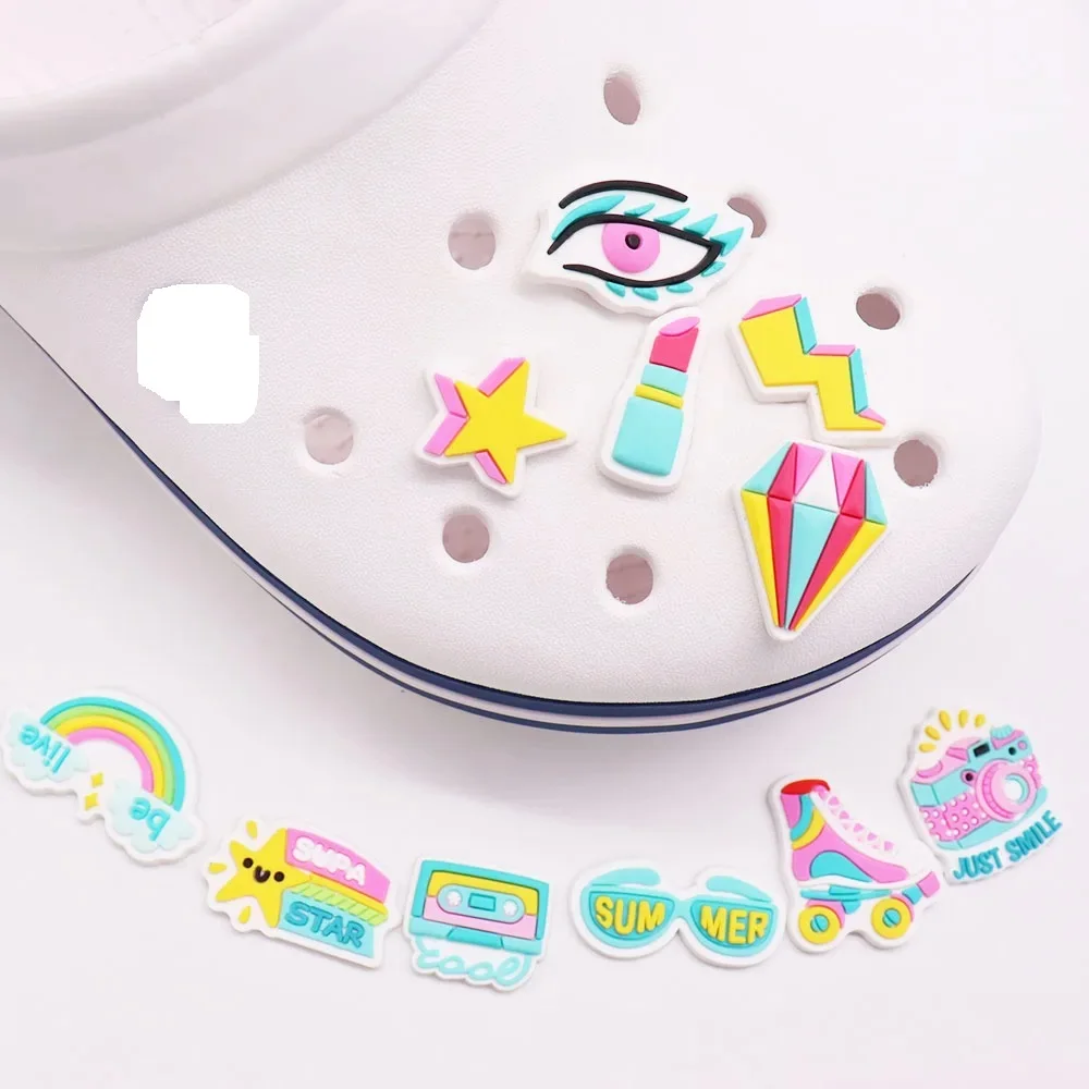 

Mix 50pcs PVC Colorful Skate Eyes Camera Tape Rainbow Lipstick Diamond Star Shoes Charms Funny Cartoon Accessories Decoration