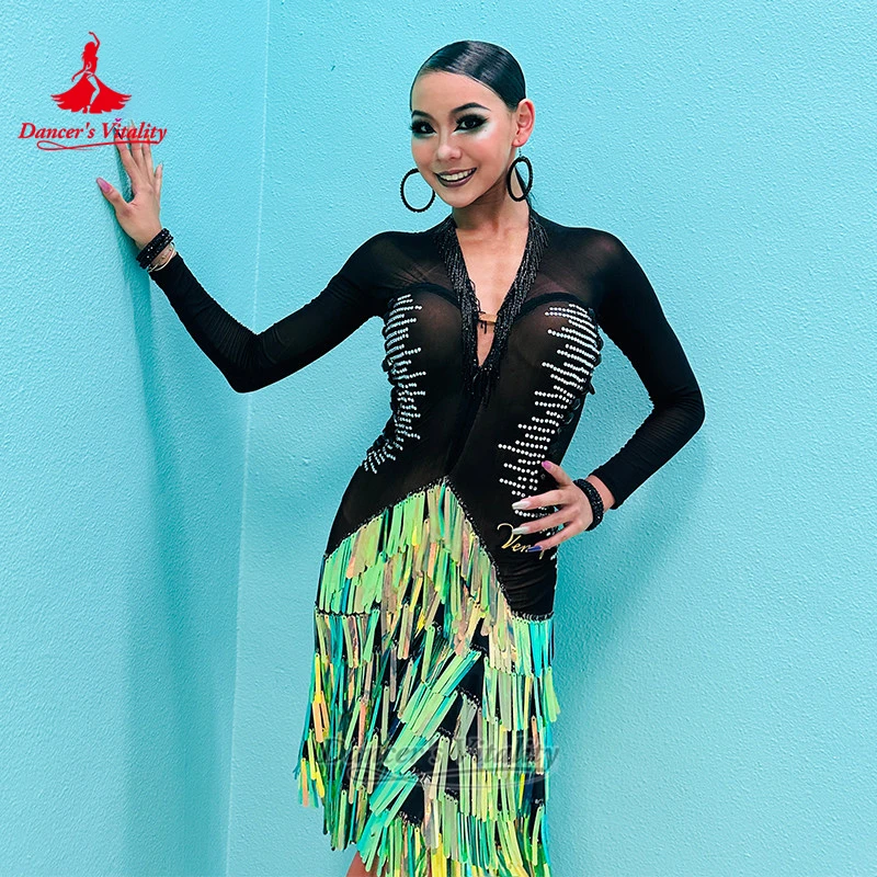 Sequin Tassel Decoration Latin Dance Long Sleeves Dress for Women Custom Teenager Chacha Samba Perform Clothes Dancer's Vitality