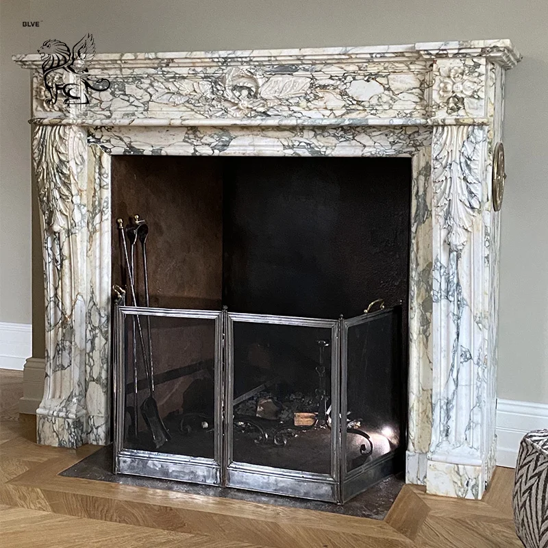 BLVE الراقية الفاخرة يدوية الصنع لويس XV نمط منحوت الأبيض الإيطالي كارارا الرخام الموقد MFJ-04 #3